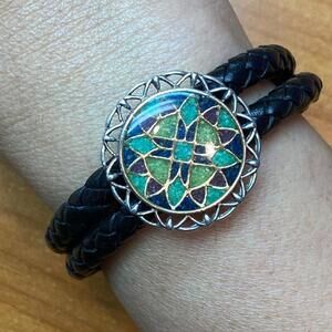 Carolyn Pollack Sterling & Brass Braided Leather Mosaic Inlay Bracelet For Women